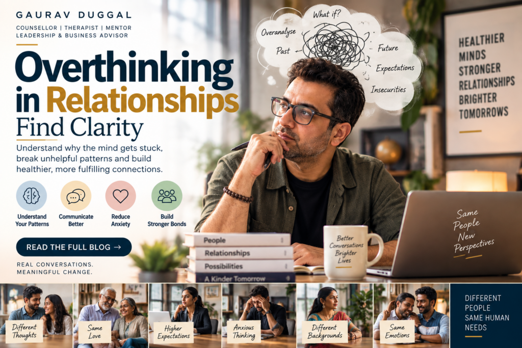 Overthinking in relationships infographic explaining common triggers, thought patterns and ways to find clarity