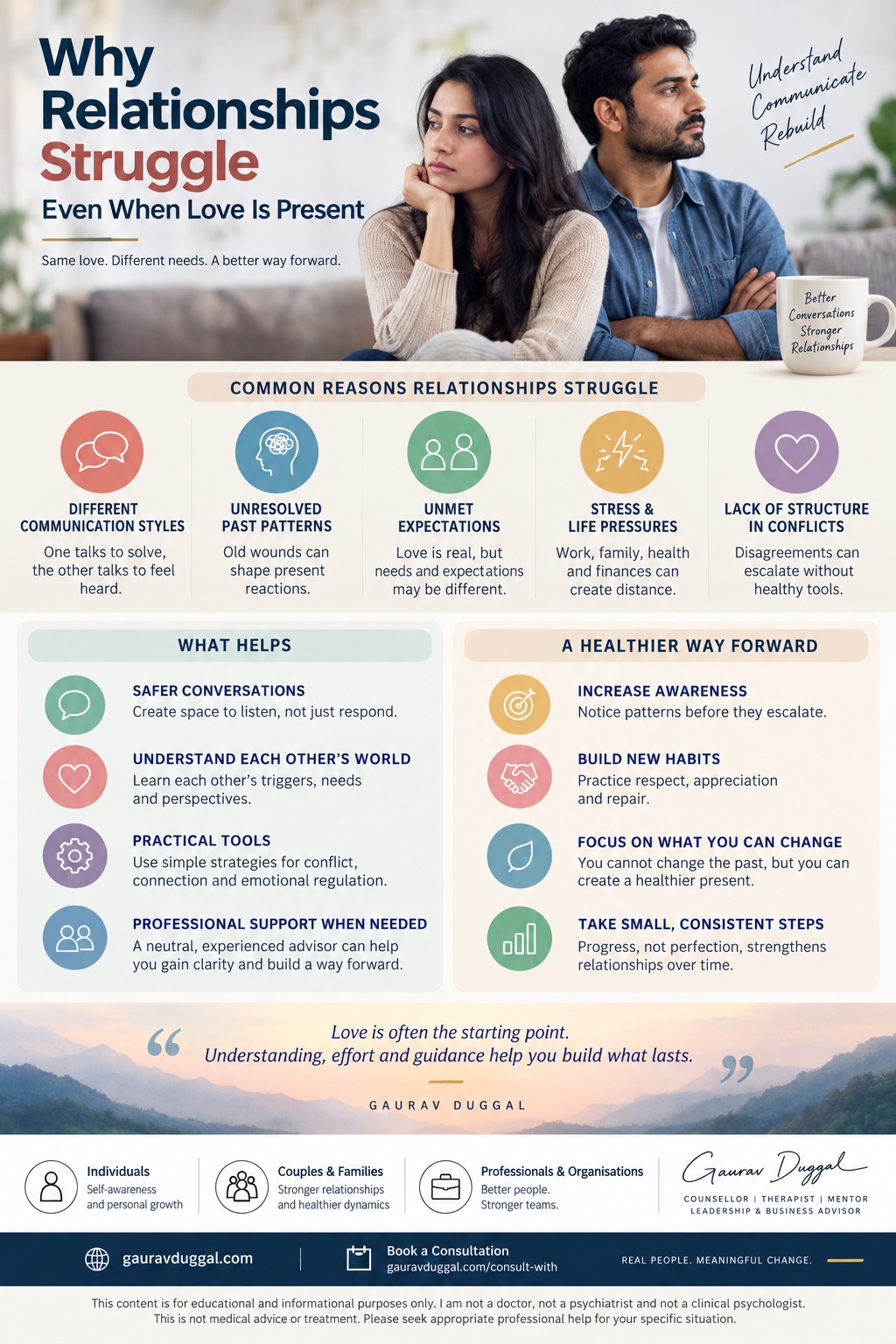 Infographic explaining why relationships struggle despite love and practical ways forward